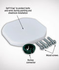 Saf-T-Bar Ceiling Fan Mount Kit with Saf-T-Cap, Romex connector, and wood screws for safe DIY install of fans and lights