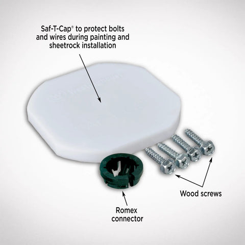 Saf-T-Bar Ceiling Fan Mount Kit with Saf-T-Cap, Romex connector, and wood screws for safe DIY install of fans and lights
