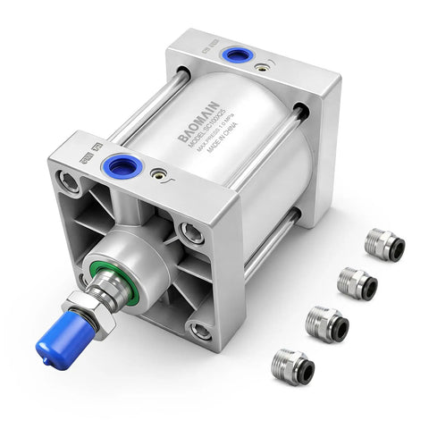 Heavy Duty Pneumatic Air Cylinder 3.94 Inch Bore 0.98 Inch Stroke Double Acting Single Rod Actuator With M20X1.5 Threaded Rod PT 1/2 Port Includes 4 Push In Fittings For Ready Install Industrial Linear Actuator