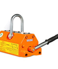 Boss Level Neodymium Magnetic Lifter With Anti Collision Release Lever For Lifting Thick Steel Plates Iron Blocks And Round Bar Badass Heavy Hauler 3300 Pound Lift Capacity, heavy-duty design, chrome handle, orange color.
