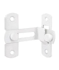 Dang Tough White Flip Barn Door Locks Corrosion Resistant Heavy Duty 90 Degree Slide Bolt Latches Smooth Operation For Sliding Closet Doors Two Pack Units close-up view of white slide bolt latch.