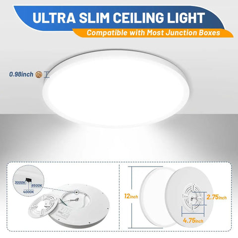 12 Inch LED Flush Mount Ceiling Light Dimmable Fixture With 24W 2880lm Three Color Temps 3000K 4000K 6500K Surface Mount features