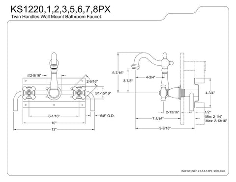 Technical drawing of Heritage Wall Mount Bathroom Faucet in Polished Chrome with dimensions and measurements shown.