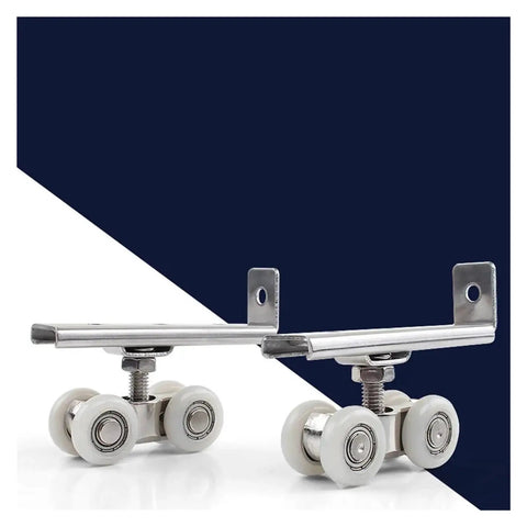Heavy Duty Sliding Door Rollers 4 Pack Zinc Alloy Double Wheel Track Pulleys with Heat Treated Bearings close-up view.