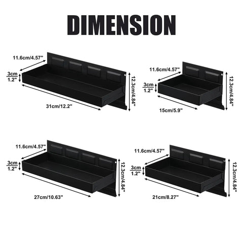 Image showing dimensions of the Four Tray Magnetic Tool Tray Set with strong steel base in sizes 6, 8.2, 10.6, and 12.2 inches.