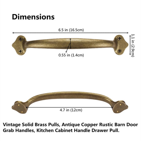 Dimensions of Vintage Solid Brass Pulls In Antique Copper Finish, Rustic Barn Door Handles For Cabinets And Drawers, 6.5 Inch Length