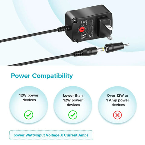 Universal AC DC Power Adapter 12W With 8 Tips 5.5x2.1mm And 5.5x2.5mm Micro USB Output showing power compatibility