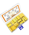 Six Value MKP Safety Capacitor Kit Set With 22 Pieces, 275VAC X2, 22.5mm Pitch in a yellow case, open lid, showing capacitors.