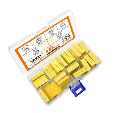 Six Value MKP Safety Capacitor Kit Set With 22 Pieces, 275VAC X2, 22.5mm Pitch in a yellow case, open lid, showing capacitors.