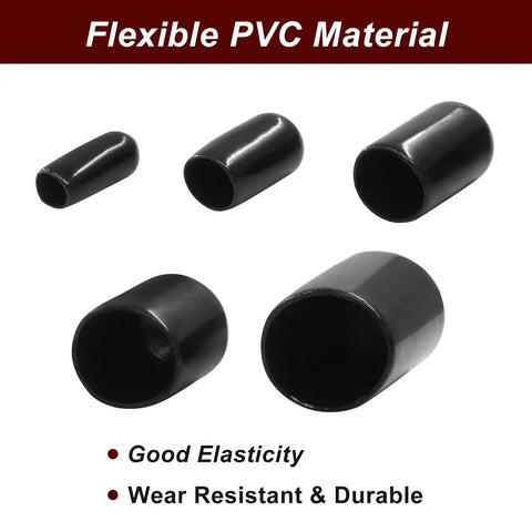 Five durable round rubber end caps set for bolt threads, various sizes made of flexible PVC material, shown on white background.