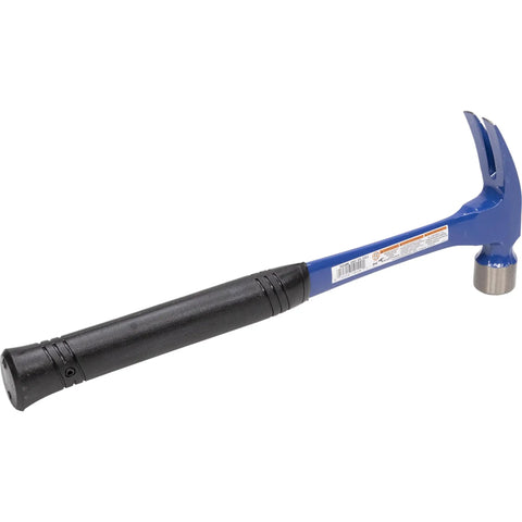 Beefy Heavy Duty Steel Eagle Curved Claw Hammer With Shock Block For Tough Framing 20 Oz Rust Resistant Powder Coat Finish Made In The USA Built To Last R999 VN11200, side view with black handle and blue head