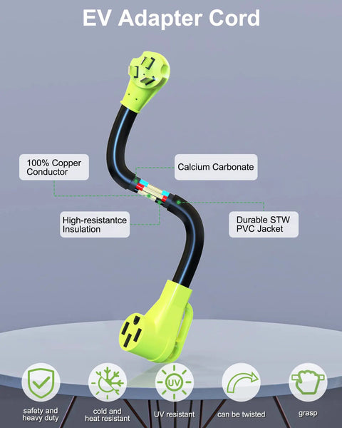 Heavy Duty Nema 10-50 To 14-50R EV Charger Plug Adapter with flexible cable and high-resistance insulation features.