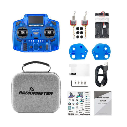 Rad ExpressLRS GX12 Crush Dual Band GeminiX Controller with accessories including antennas, case, and manual.