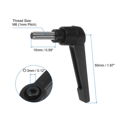 Clamping Lever Handles 304 Stainless Steel M6 X 15mm Threaded Male Stud Black Finish side view with dimensions