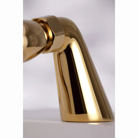 Charleston Deck Mount Clawfoot Tub Filler spout close-up, solid brass, polished brass finish.
