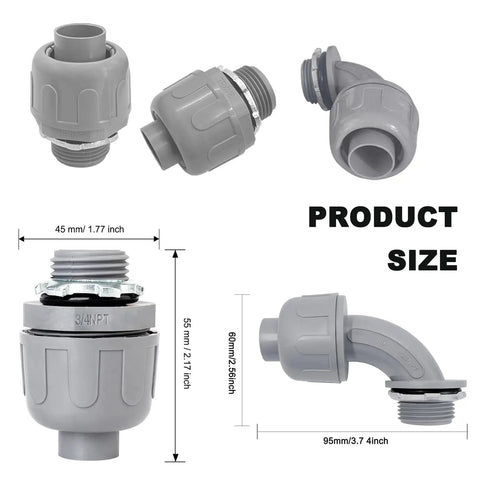 3/4 Inch Liquid Tight PVC Conduit Connectors Kit UL Listed Non Metallic Electrical Fittings size and measurement details