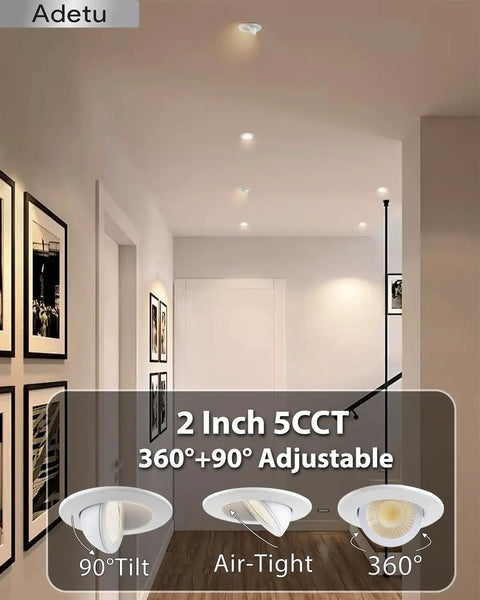 Adetu 4 Pack 2 inch 5CCT LED Gimbal Recessed Light, 5W=50W, 550LM, 120V displayed in a hallway with adjustable features.