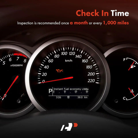 Car dashboard with speedometer, odometer, and check oil light. Inspection recommended once a month or every 1,000 miles.