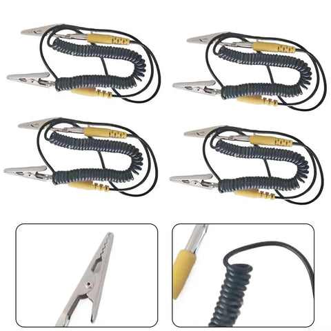 Heavy Duty ESD Grounding Cable With Locking Alligator Clips Retracting Anti Static Test Lead For Electronics Workbench Safe Discharge And Zero Hassle Operation 2Mm Silicone Wire For Cleanroom And Industrial Labs, four cables on a white background.
