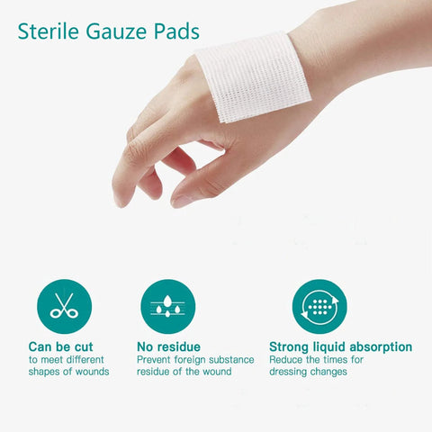 Sterile gauze pad on wrist; white fabric bandage for wound dressing
