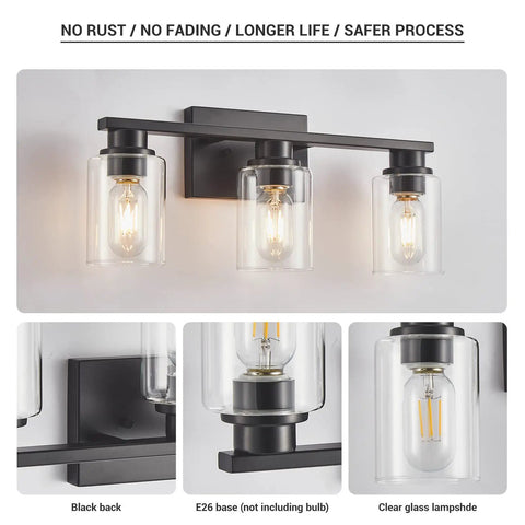 Sleek Matte Black 3 Light Vanity Light With Clear Glass Shades For Bathroom, showing full fixture with glowing bulbs