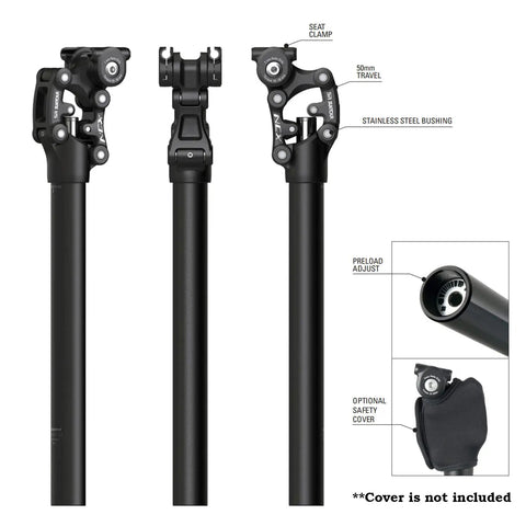 SP12 NCX Suspension Seatpost Parallelogram Design For Ultra Smooth Rides On Hardtails 350mm Length 31.6mm Diameter Shock Absorbing Comfort That Lasts And Keeps You Pushing Hard On Long Days, showcasing seat clamp, stainless steel bushing, and preload adjust.
