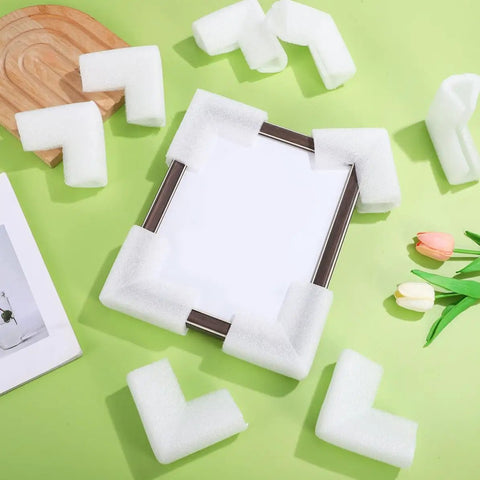 Thickened Foam Corner Protectors For Picture Frames And Mirrors, Adjustable L Shaped Cushions around a frame on green background