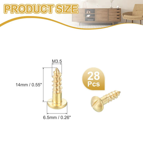 Brass Slotted Round Head Self Tapping Wood Screws M3.5 X 14mm For Woodworking, Furniture Assembly, Pack Of 28, product size view