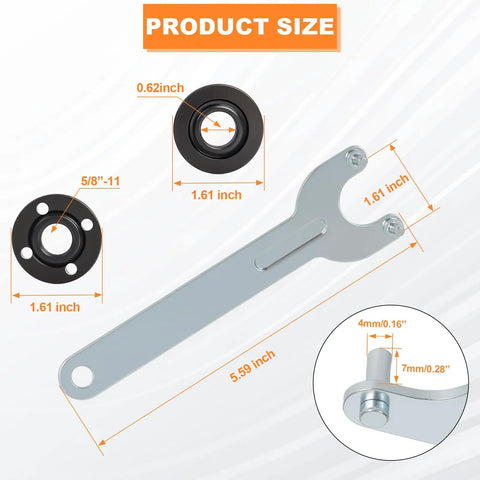 Heavy Duty 3 Piece Angle Grinder Nut And Wrench Set 5/8-11 Thread Replacement with steel flanges and wrench dimensions.