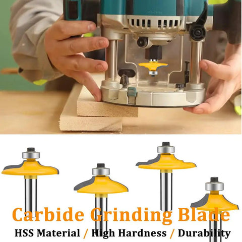 Four Piece One Quarter Inch Shank Router Bit Set For Door And Drawer Front Edging Miter Frame Crown Molding Wood Milling Cutter