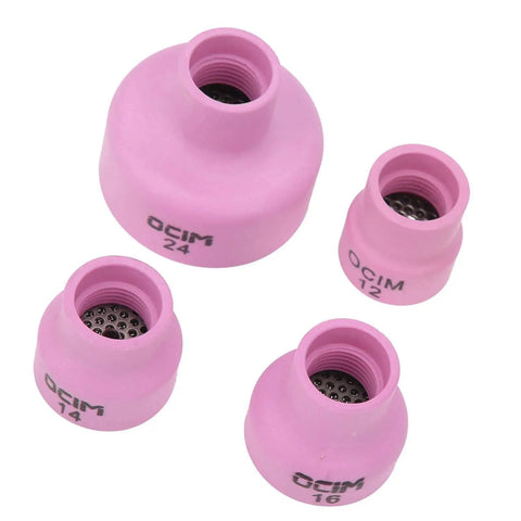 Pro Grade Ceramic Welding Cup Set For WP Series TIG Torches, Alumina Gas Lens Kit, sizes 12, 14, 16, 24 displayed