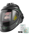 Panoramic Auto Darkening Welding Helmet With True Color Vision And Solar Powered Operation Four Arc Sensors Wide Shade Range Four Five Nine 13 For TIG MIG Arc Cutting Large Viewing Screen Measuring Four Point Three One By Three Point Eight Two Inches