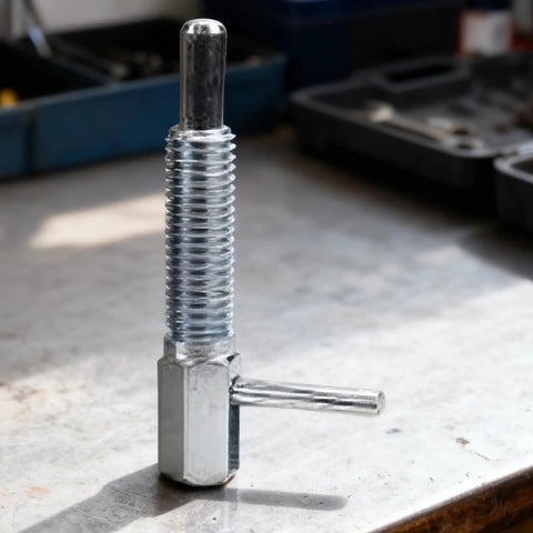 Premium Tough Guy Retractable Indexing Plunger Pin Set Zinc Plated Carbon Steel on a workbench, highlighting the spring loaded latch design.