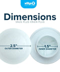 Slick Snap Shut Tub Drain Stopper For Standard 1.5 Inch Open Bathroom Drains dimensions showing 2.5 inch outer and 1.5 inch inner diameter.