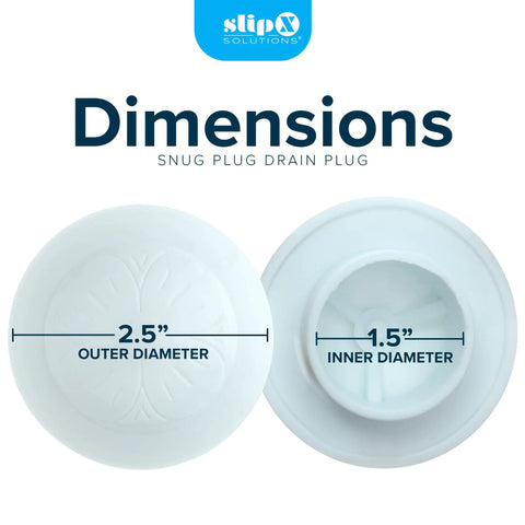 Slick Snap Shut Tub Drain Stopper For Standard 1.5 Inch Open Bathroom Drains dimensions showing 2.5 inch outer and 1.5 inch inner diameter.