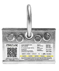 2-Way Standing Seam Roof Anchor Clamp For Non-Penetrating Roof Safety, Rugged Reusable And Compact Steel Anchor With 5,000 Lbs Strength Rating, OSHA And ANSI Compliant, Galvanized Finish, Bolts And Washers Included, showing product label and metal components.