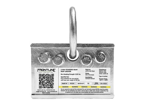 2-Way Standing Seam Roof Anchor Clamp For Non-Penetrating Roof Safety, Rugged Reusable And Compact Steel Anchor With 5,000 Lbs Strength Rating, OSHA And ANSI Compliant, Galvanized Finish, Bolts And Washers Included, showing product label and metal components.