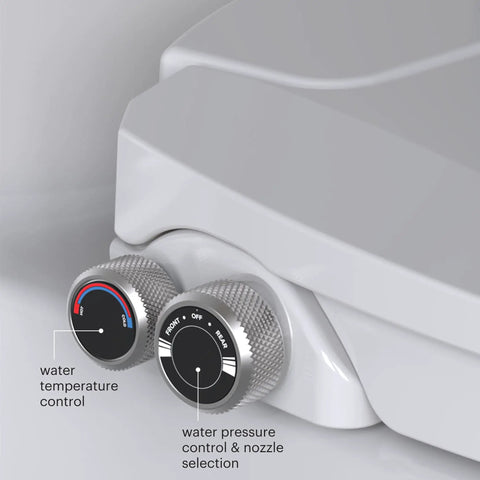 Close-up of controls on Ecoseat Non Electric Bidet Toilet Seat For Elongated Toilets White With Dual Temperature Water And Dual Nozzle System