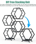 Heavy Duty Stackable Tire Rack Organizer For Garage And Workshop Storage shows a DIY hexagonal tire rack unit in black.
