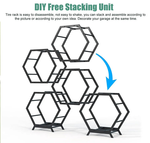 Heavy Duty Stackable Tire Rack Organizer For Garage And Workshop Storage shows a DIY hexagonal tire rack unit in black.