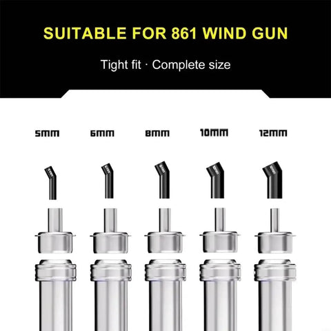 Diagonal Hot Air Gun Nozzle Kit Set With Five Sizes 5mm 6mm 8mm 10mm 12mm for oblique PCB soldering and repair, steel built.