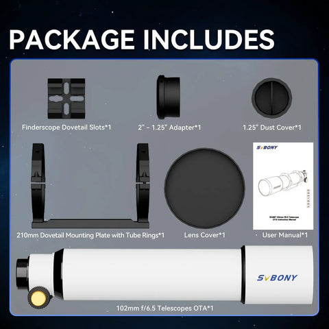 102mm F6.5 Refractor Telescope For Beginners And Deep Space Nerds package with accessories and user manual