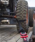 Close-up of Ultimate UTV Tie Down Kit For Trailer Transport With Tire Bonnets, showing wheel lasso strap securing tire on trailer.