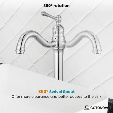 Vessel Sink Faucet With 360 Degree Swivel Spout Tall Single Handle Lavatory Mixer Tap For One Hole Install Chrome Finish