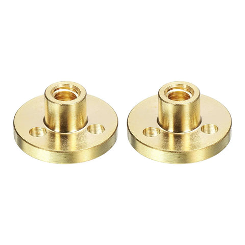 Two Pack Beefy 5mm Brass Lead Screw Nut For T5 Acme Thread With 1mm Pitch 4 Start 4mm Lead, shown front view on white background
