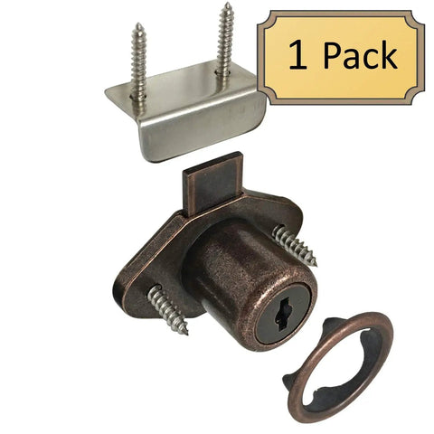 Desk Lock For Drawers And Doors In Antique Bronze Finish Seven Eighths Inch Bore Keyed Alike With Two Sided Keys Includes Escutcheon Trim Ring Strike And Screws Universal Fit For Wood Cabinets And Desks Easy Install with 1 pack label