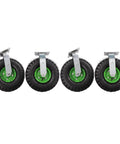 10 Inch Heavy Duty Pneumatic Casters Featuring Smooth Cruising Black Rubber Air Tires Built Like A Tank For Heavy Loads, green hubs.