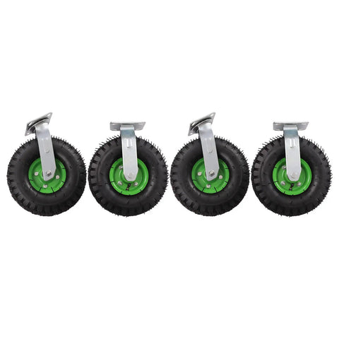 10 Inch Heavy Duty Pneumatic Casters Featuring Smooth Cruising Black Rubber Air Tires Built Like A Tank For Heavy Loads, green hubs.