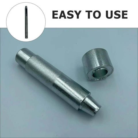 Pro Grade 17mm Eyelet Setter Tool And Die Punch Kit with steel puncher and die, shown in close-up with textured handle, silver color
