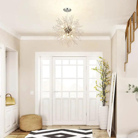 Modern Crystal Chandeliers Dandelion Firework Sputnik Pendant Lighting with Eight Light Fixtures in hallway ceiling view